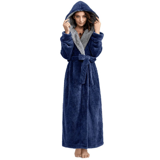 Long Hooded Robes for Women Luxurious Plush Bathrobes with Pockets & Waist Belt Full Length Bathrobe Winter Warm Sleepwear