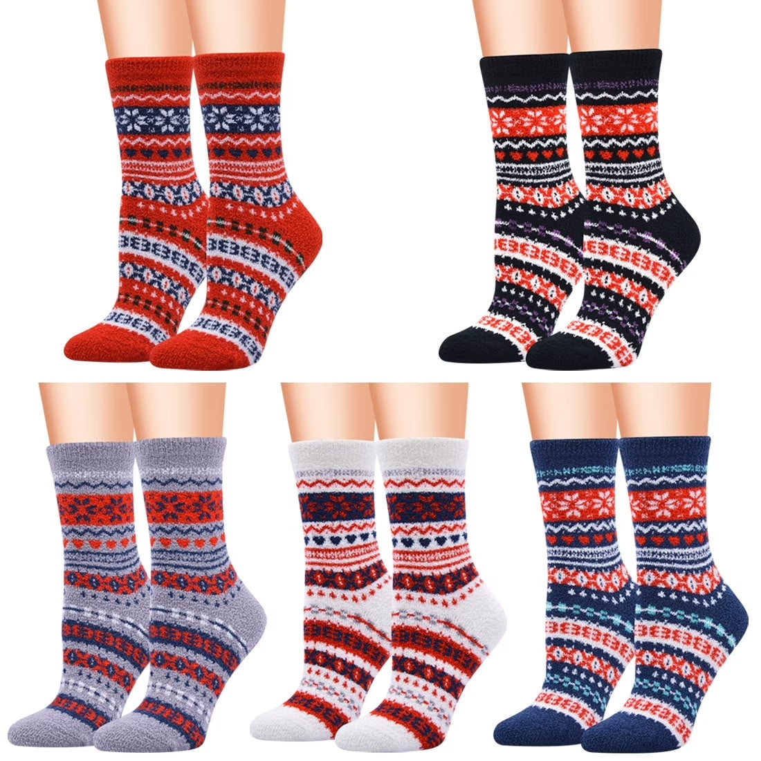 Fuzzy Socks for Women Christmas Fluffy Slipper Socks Winter Warm Soft Fleece Ladies Socks Size 7-11, 5 Pairs