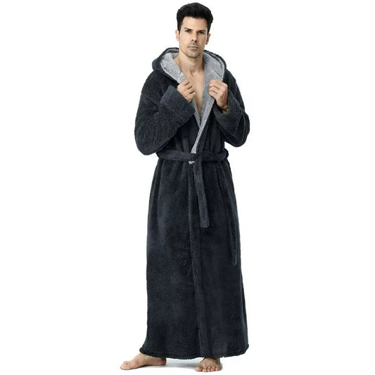 AMITOFO Long Robes for Men with Hood & Pockets,Soft Plush Full Length Hooded Bathrobe Winter Warm Fleece Sleepwear Shawl Collar Housecoat
