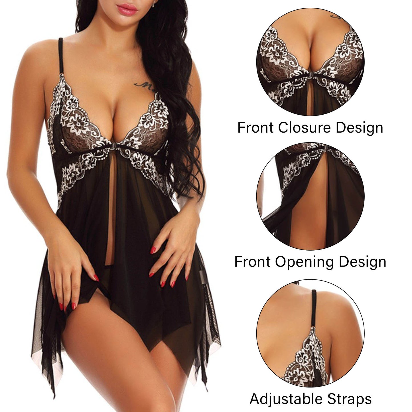 Lingerie for Women,AMITOFO Lace Babydoll Sexy Lingerie Set Front Closure Gowns, Sexy V Neck Lingerie Sets for Women, Sexy Chemise Womens Nighties, Black 2XL