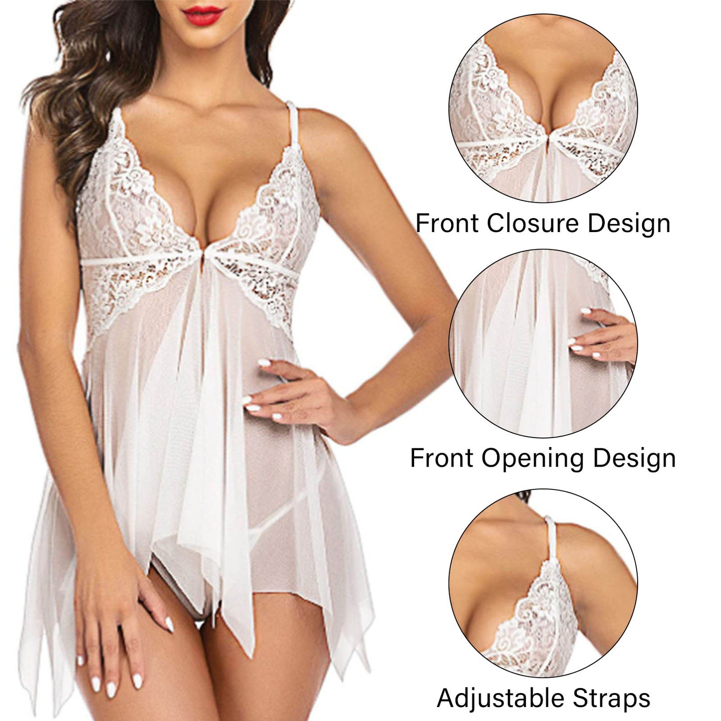 Lingerie for Women,AMITOFO Lace Babydoll Sexy Lingerie Set Front Closure Gowns, Sexy V Neck Lingerie Sets for Women, Sexy Chemise Womens Nighties, Black 2XL