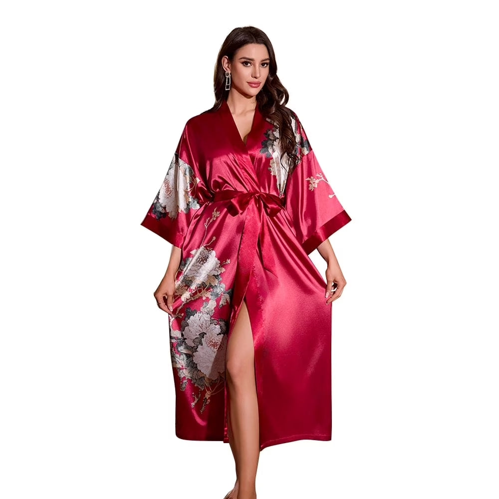 AMITOFO Long Silk Kimono Robes for Women Lightweight Silky Satin Floral Bathrobe Soft Cozy Ladies Housecoat Loungewear