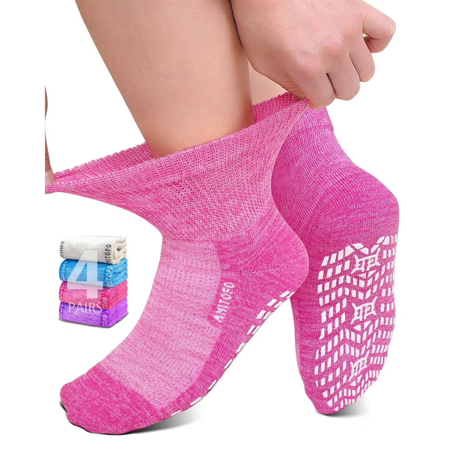 Bamboo Viscose Ankle Diabetic Socks for Men and Women, 4 Pair Non Binding Seamless Toe Slipper Socks with Non Slip Grippers for Women Wide Calf