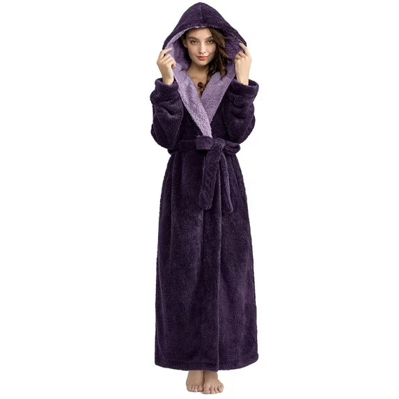 Long Hooded Robes for Women Luxurious Plush Bathrobes with Pockets & Waist Belt Full Length Bathrobe Winter Warm Sleepwear
