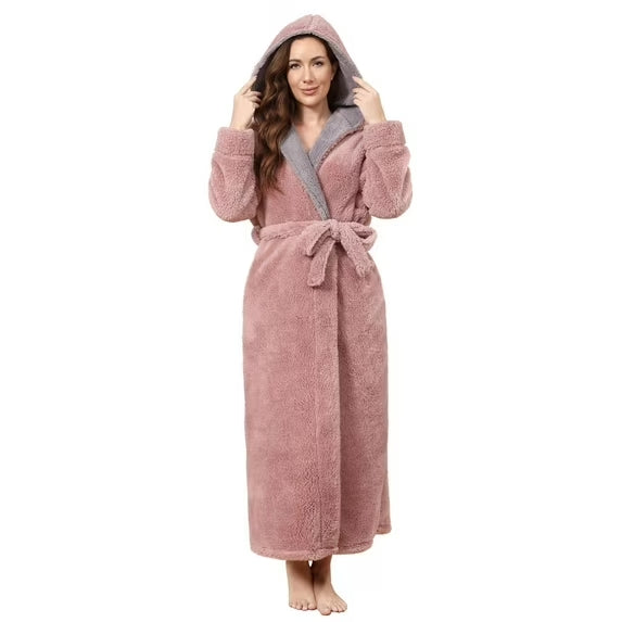 Long Hooded Robes for Women Luxurious Plush Bathrobes with Pockets & Waist Belt Full Length Bathrobe Winter Warm Sleepwear
