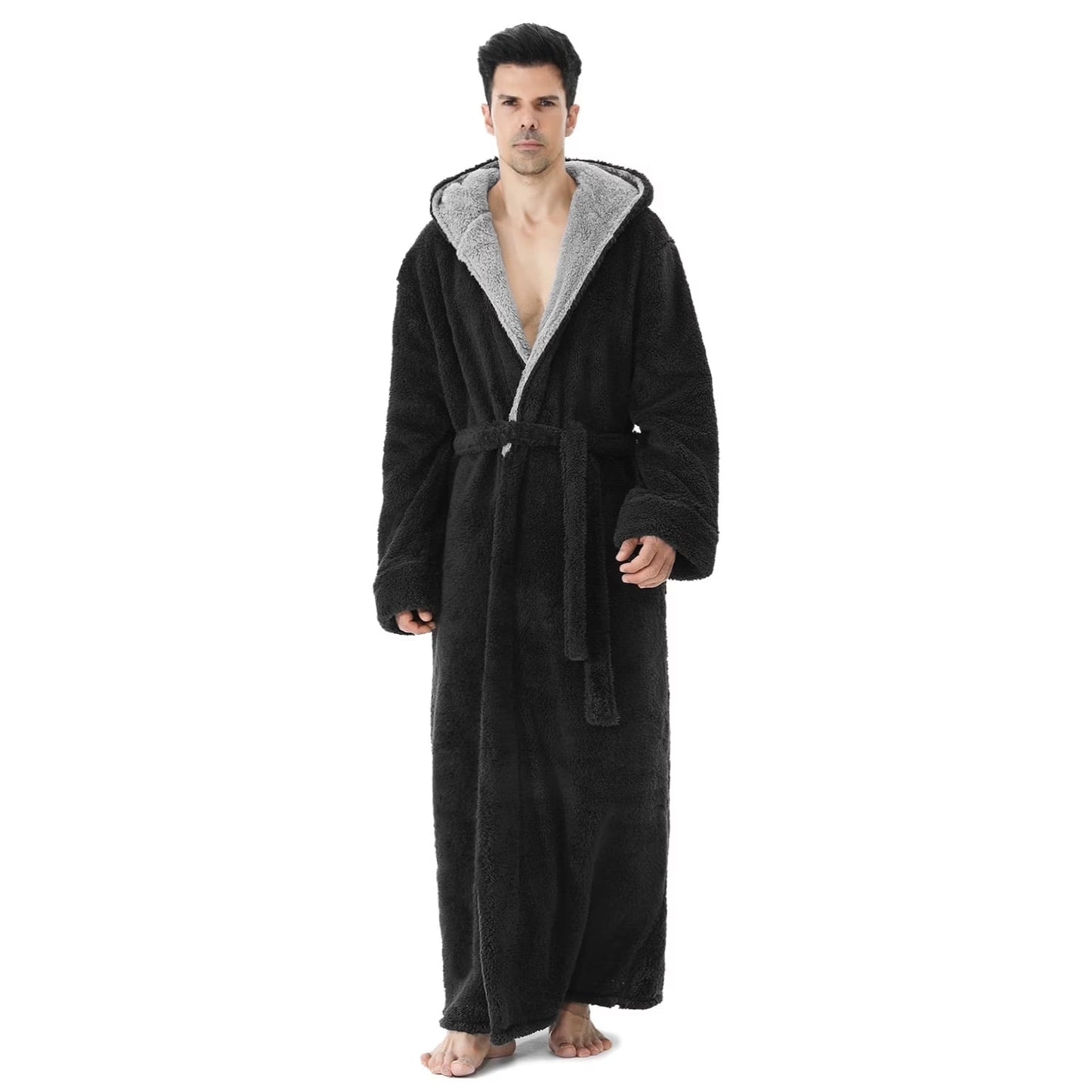 AMITOFO Long Robes for Men with Hood & Pockets,Soft Plush Full Length Hooded Bathrobe Winter Warm Fleece Sleepwear Shawl Collar Housecoat