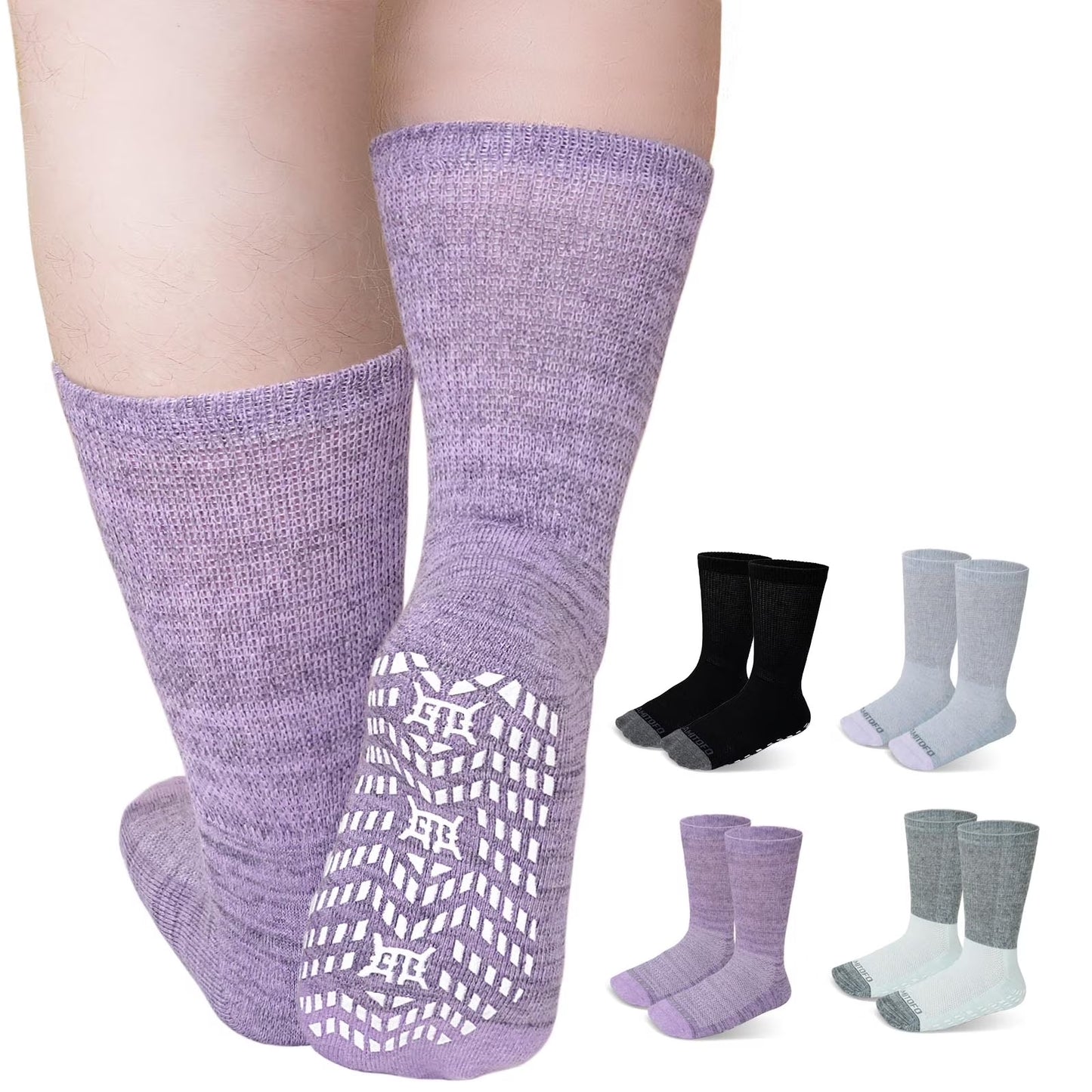 AMITOFO Non-Binding Diabetic Socks with Anti-Slip Grips, 4 Pairs Loose Fit Cotton Crew Socks for Men and Women, gComfort and Safe Gripper Socks for Elderly