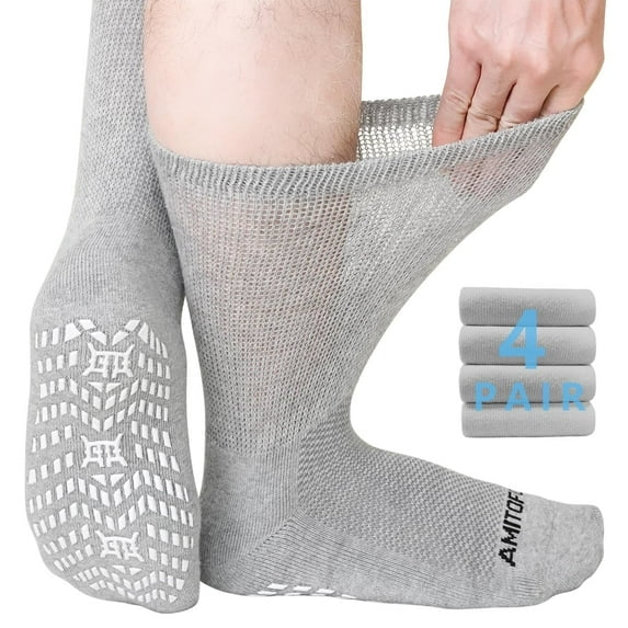 AMITOFO Non-Binding Diabetic Socks with Anti-Slip Grips, 4 Pairs Loose Fit Cotton Crew Socks for Men and Women, gComfort and Safe Gripper Socks for Elderly