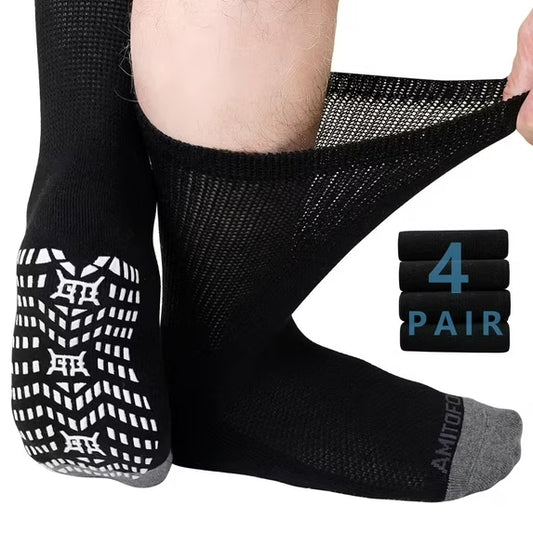 AMITOFO Non-Binding Diabetic Socks with Anti-Slip Grips, 4 Pairs Loose Fit Cotton Crew Socks for Men and Women, gComfort and Safe Gripper Socks for Elderly