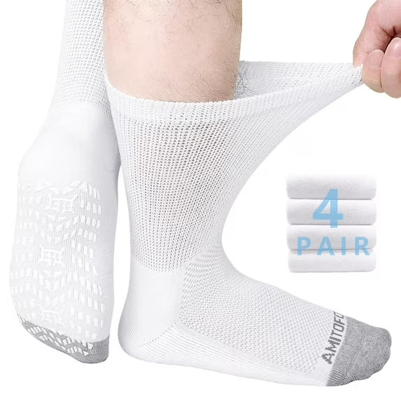 AMITOFO Non-Binding Diabetic Socks with Anti-Slip Grips, 4 Pairs Loose Fit Cotton Crew Socks for Men and Women, gComfort and Safe Gripper Socks for Elderly