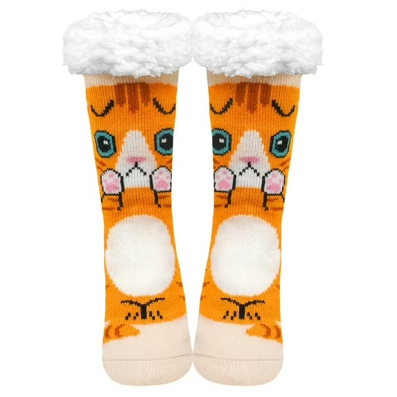 Fuzzy Slipper Socks for Women with Grippers – Thick Knit Non-Slip Women's Slipper Socks with Cute Cat & Dog Patterns, Warm Cozy Indoor House Socks