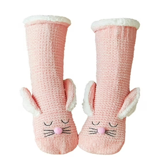 Womens Fuzzy Warm Sherpa Slipper Socks Cute 3D Cartoon Rabbit Fleece Lined Sleeping Mid Calf Socks For Ladies Girls Winter Christmas Gifts