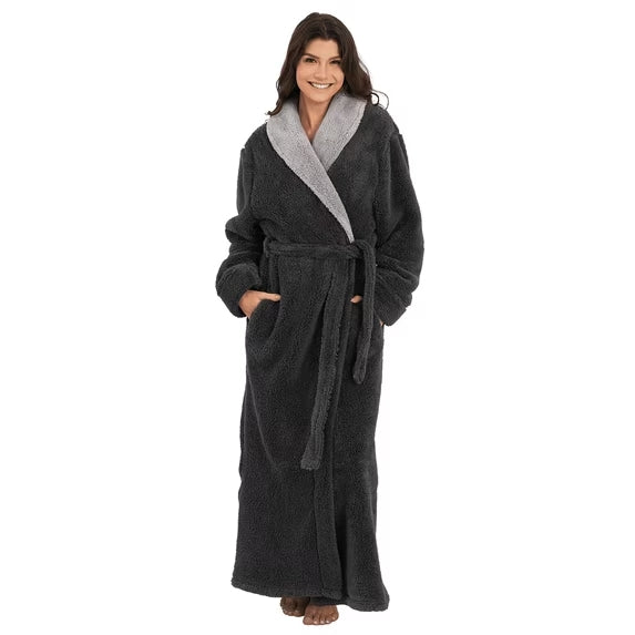 Long Hooded Robes for Women Luxurious Plush Bathrobes with Pockets & Waist Belt Full Length Bathrobe Winter Warm Sleepwear