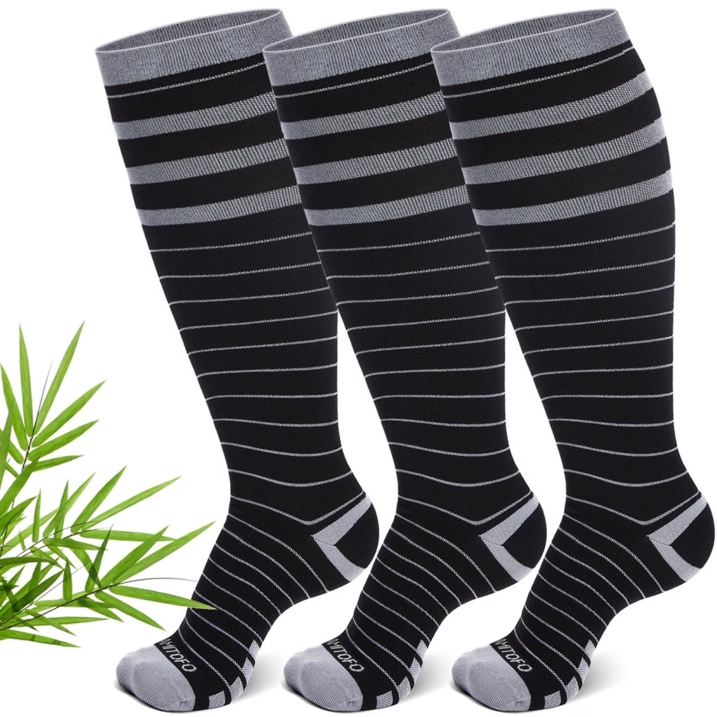 Bamboo Viscose Compression Socks for Women Men Wide Calf, AMITOFO 15-20 mmHg Plus Size Knee-High Compression Socks, 3-Pack for Nurses, Pregnancy, Travel, Running, and Everyday Wear