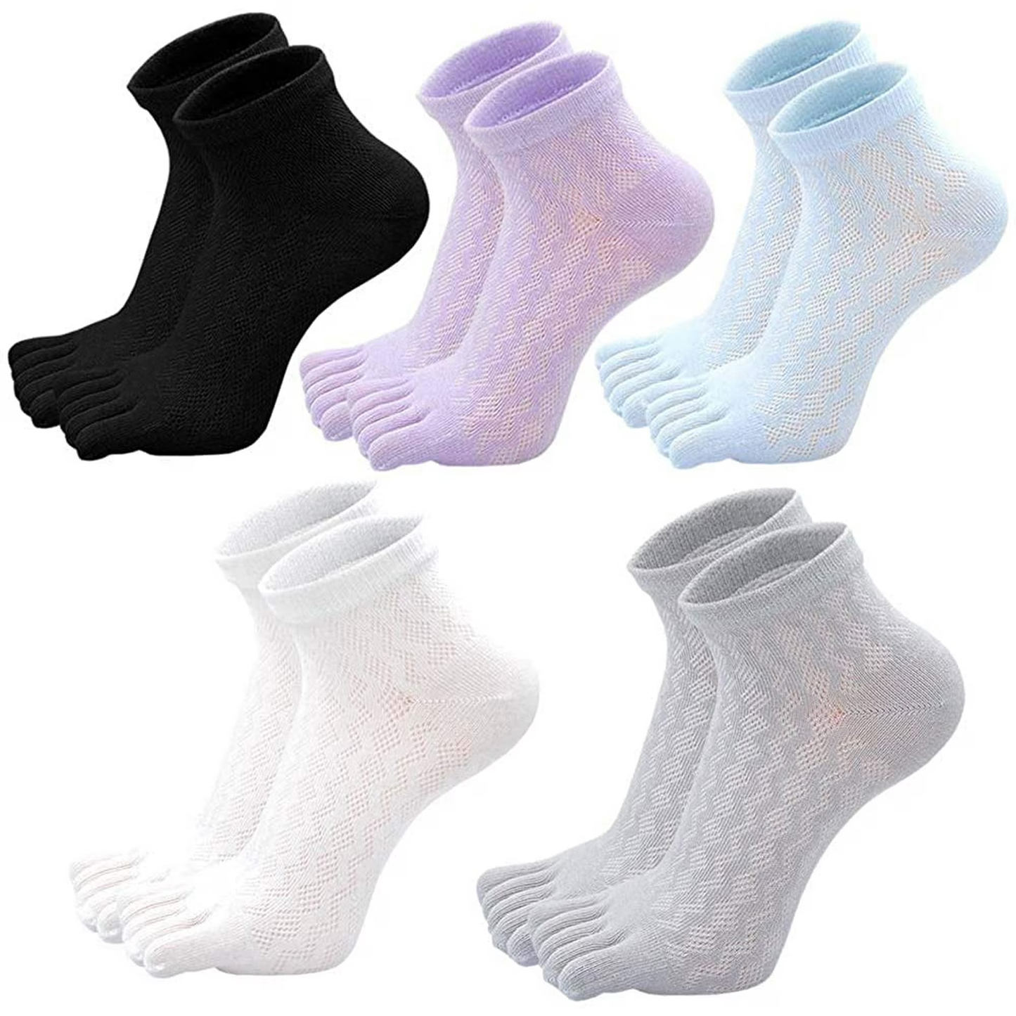 AMITOFO Women's Toe Socks Summer Cotton Mesh Breathable Running Five Finger Low Cut Ankle Socks,5 Pairs