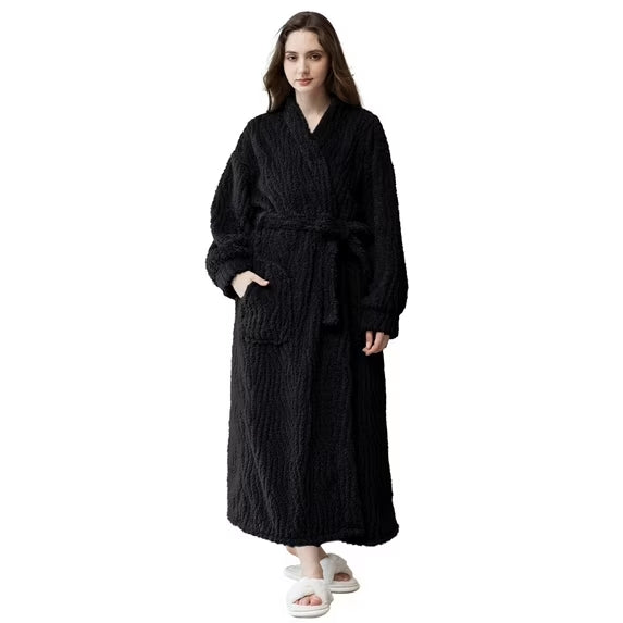 Long Robes for Women, Soft Fluffy Fleece Bath Robe with Front Pocket, Winter Warm Plush Lapel Women's Robes, Adjustable Belt