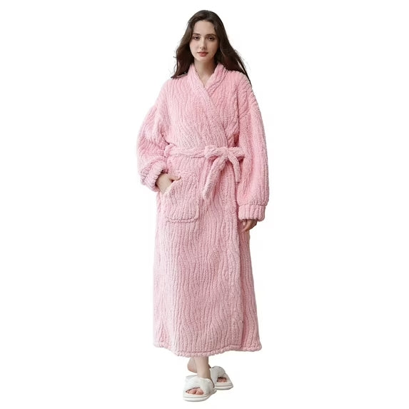 Long Robes for Women, Soft Fluffy Fleece Bath Robe with Front Pocket, Winter Warm Plush Lapel Women's Robes, Adjustable Belt