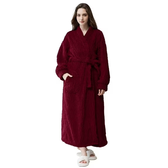 Long Robes for Women, Soft Fluffy Fleece Bath Robe with Front Pocket, Winter Warm Plush Lapel Women's Robes, Adjustable Belt