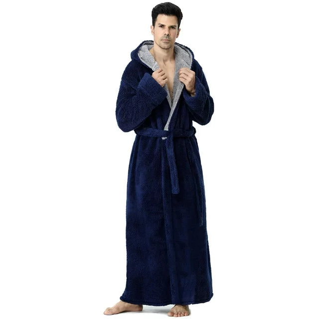 AMITOFO Long Robes for Men with Hood & Pockets,Soft Plush Full Length Hooded Bathrobe Winter Warm Fleece Sleepwear Shawl Collar Housecoat