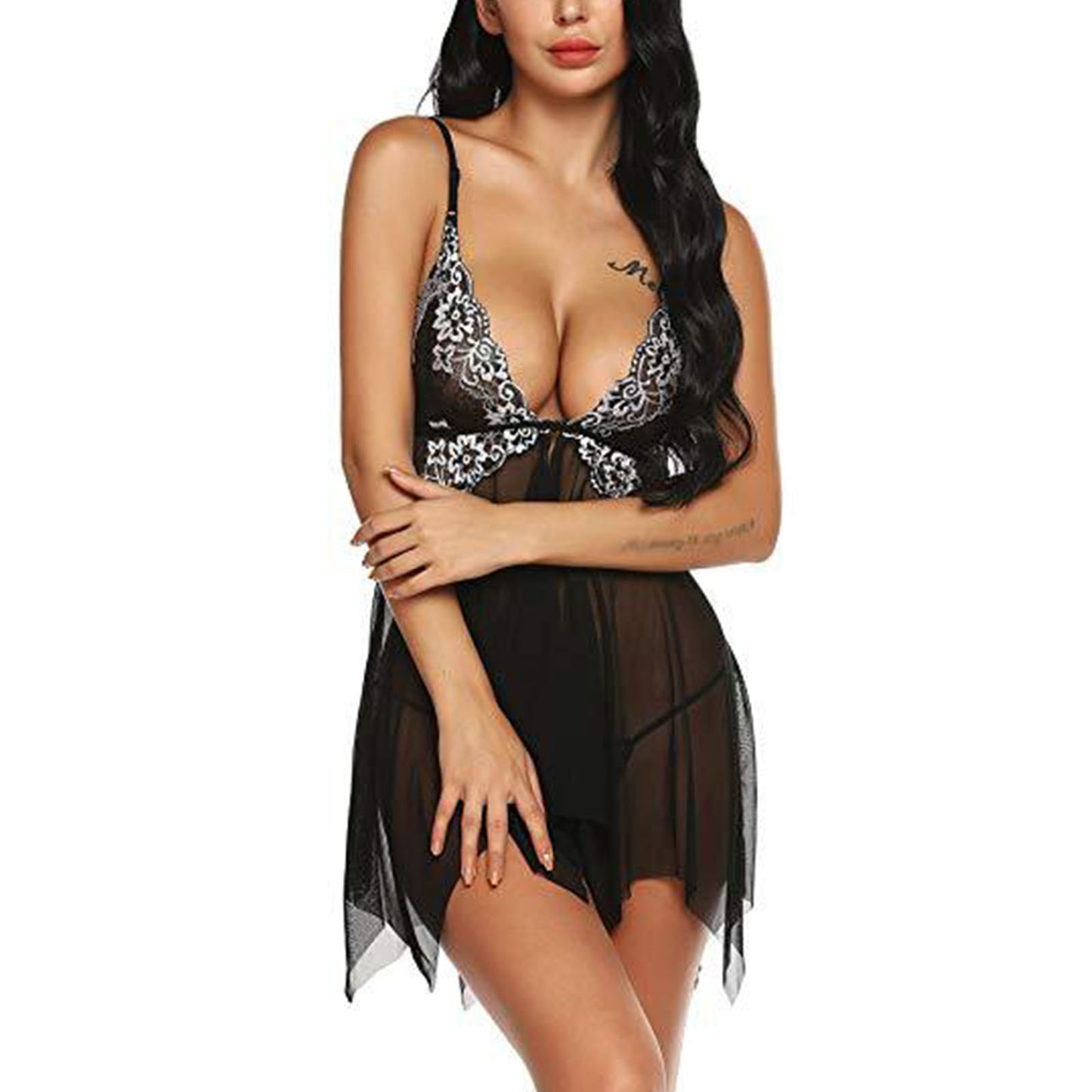 Lingerie for Women,AMITOFO Lace Babydoll Sexy Lingerie Set Front Closure Gowns, Sexy V Neck Lingerie Sets for Women, Sexy Chemise Womens Nighties, Black 2XL