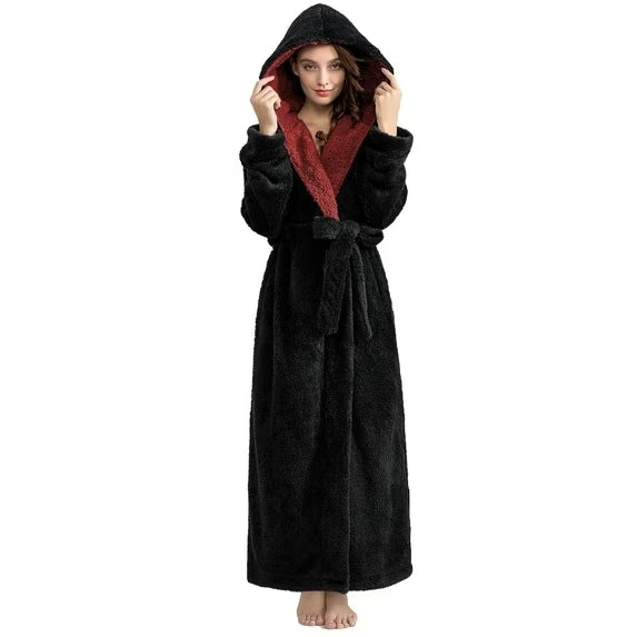 Long Hooded Robes for Women Luxurious Plush Bathrobes with Pockets & Waist Belt Full Length Bathrobe Winter Warm Sleepwear