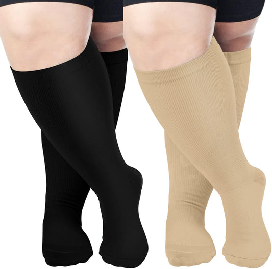 2 Pairs Wide Calf Compression Socks for Women Men AMITOFO Circulation 20-30mmHg Plus Size Knee High Support Stockings for Medical | Circulation | Nurses | Running | Travel,Beige Black 4XL