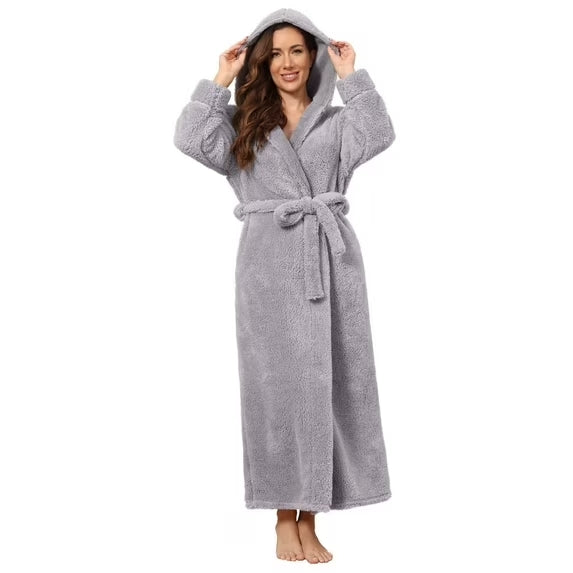 Long Hooded Robes for Women Luxurious Plush Bathrobes with Pockets & Waist Belt Full Length Bathrobe Winter Warm Sleepwear