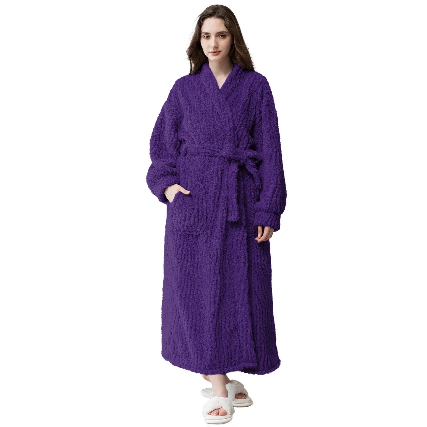 Long Robes for Women, Soft Fluffy Fleece Bath Robe with Front Pocket, Winter Warm Plush Lapel Women's Robes, Adjustable Belt