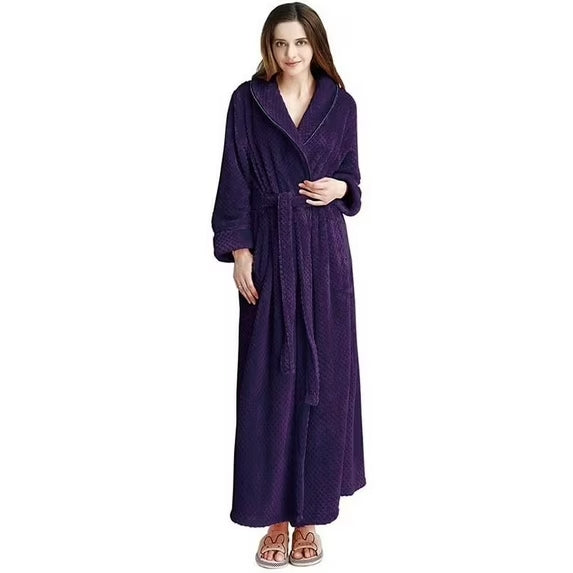 Fleece Robe for Women Soft Warm Long Plush Bathrobe Slim Elastic Waist Sleepwear Housecoats