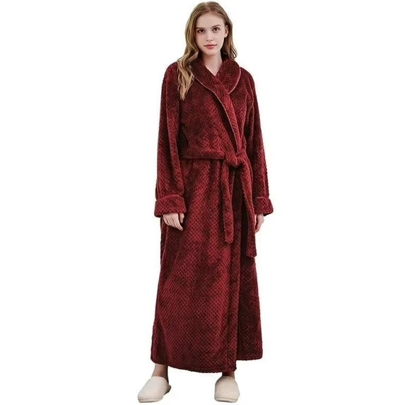 Fleece Robe for Women Soft Warm Long Plush Bathrobe Slim Elastic Waist Sleepwear Housecoats