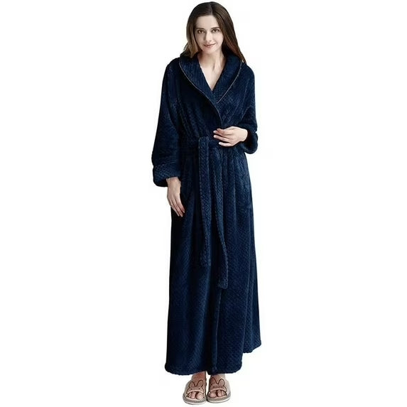 Fleece Robe for Women Soft Warm Long Plush Bathrobe Slim Elastic Waist Sleepwear Housecoats