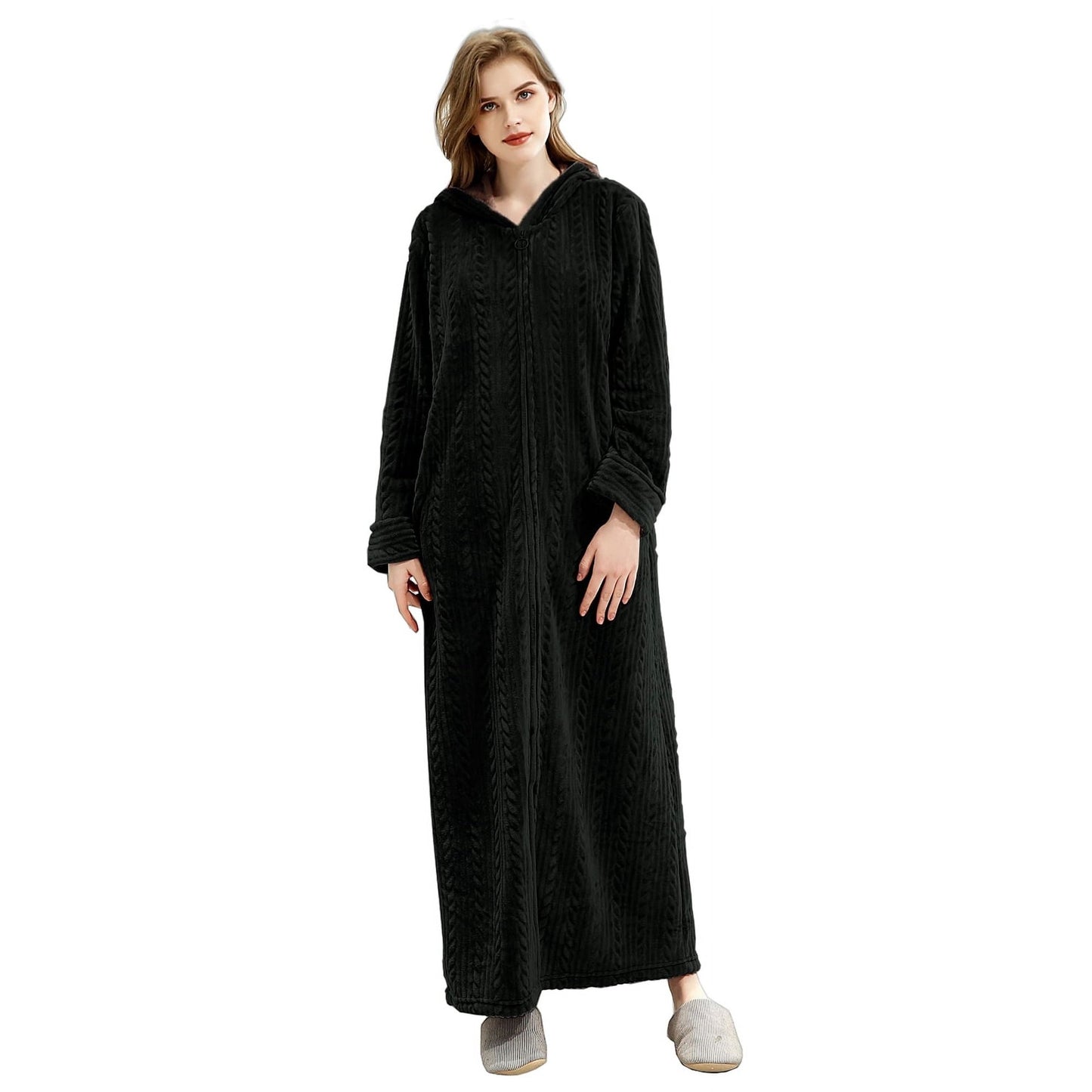 ZFSOCK Hooded Flannel Zip Up Dressing Gown Bathrobe For Men and Women