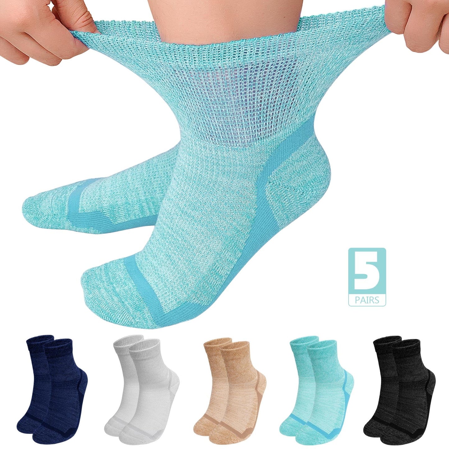 AMITOFO Bamboo Viscose Diabetic Socks for Women & Men, Wide Calf Socks with Non-Binding Loose Top,5 Pairs Diabetics Neuropathy Socks