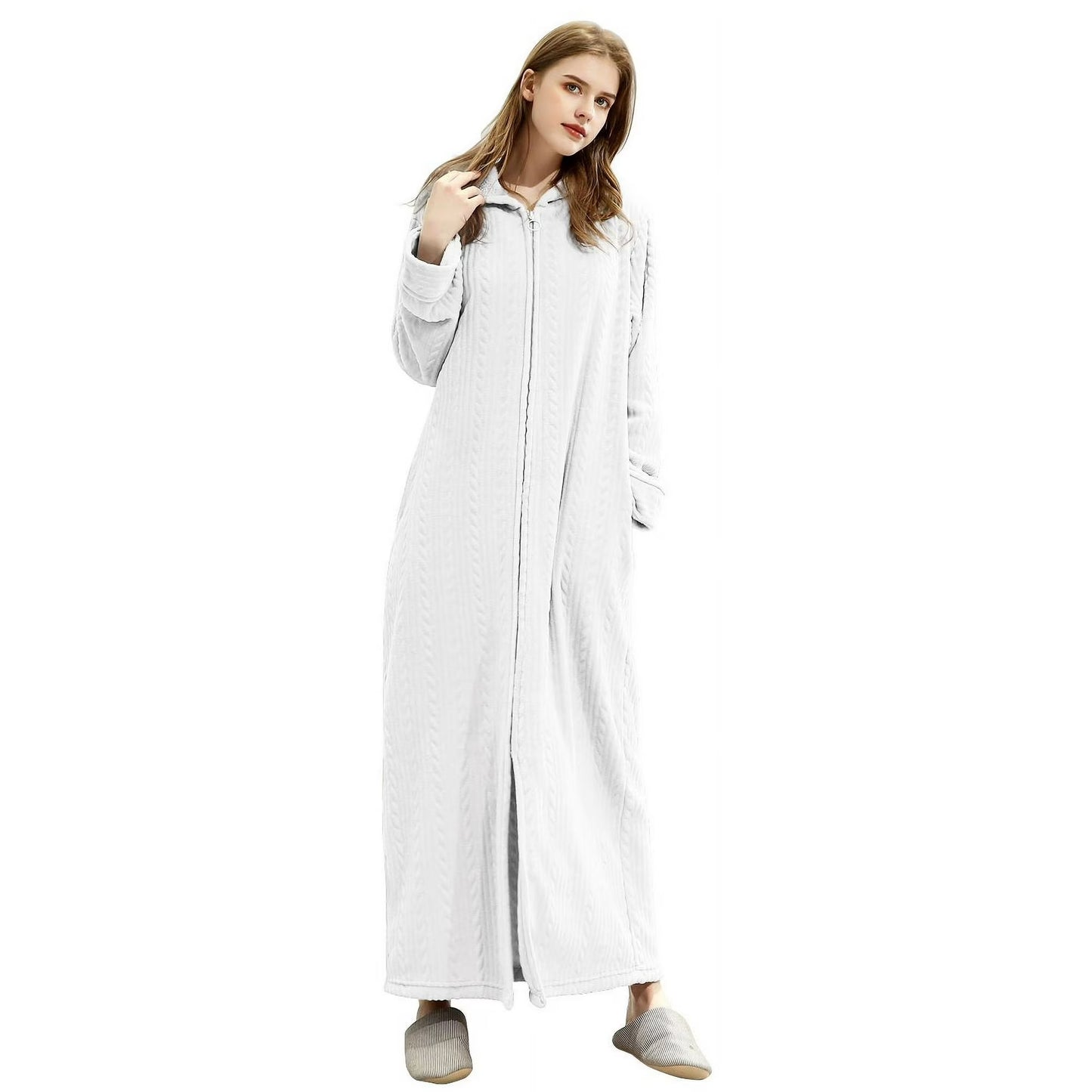 ZFSOCK Hooded Flannel Zip Up Dressing Gown Bathrobe For Men and Women