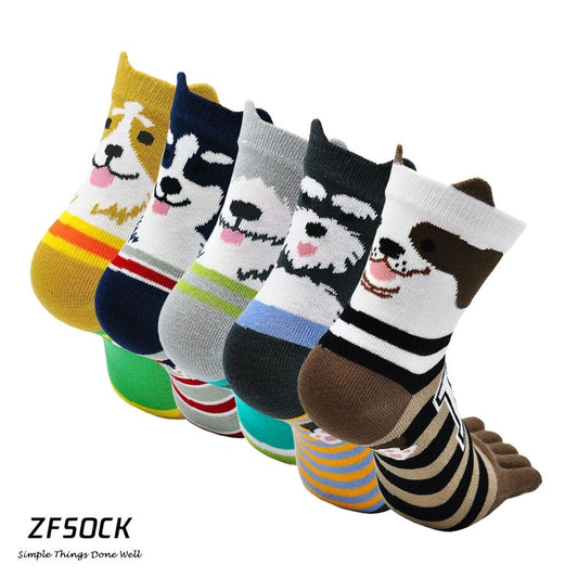ZFSOCK Cute Dog Design 5 Finger Crew Socks for Women, 5 Pairs