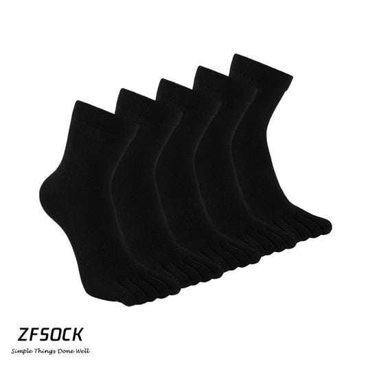 ZFSOCK Plain Black 5 Finger Crew Socks for Men, 5 Pairs