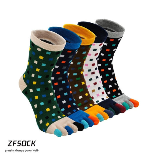 ZFSOCK Vibrant Colors 5 Finger Crew Socks with Square patterns for Men, 5 Pairs