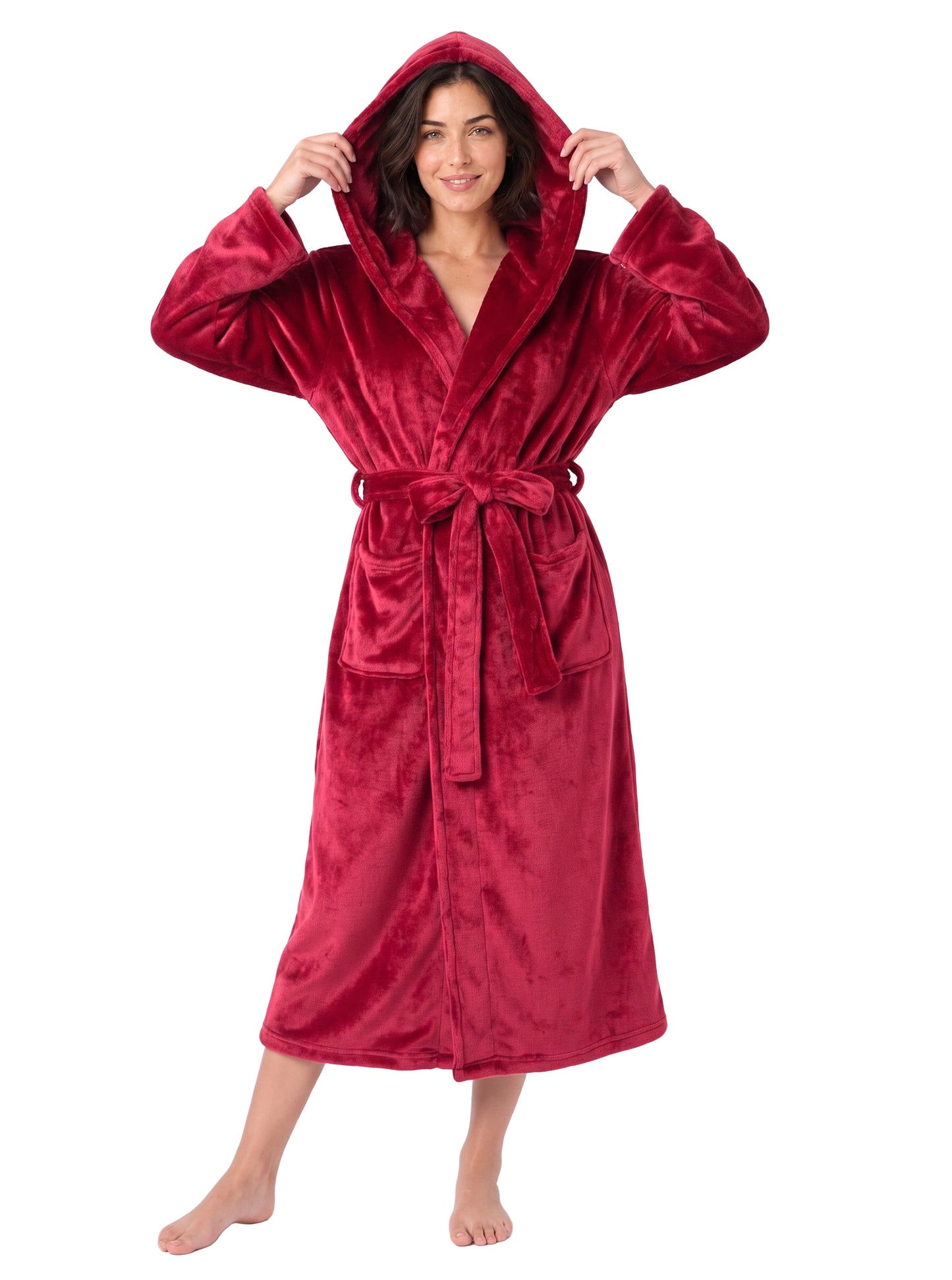 AMITOFO Womens Hooded Flannel Robe, 250GSM Plush Long Robe with Belt and Pockets