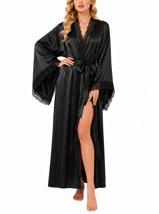 Womens Robe, AMITOFO Silky Satin Kimono Robe for Women with Lace Trim Long Lightweight Floor-Length Elegant Getting Ready Robe for Bride