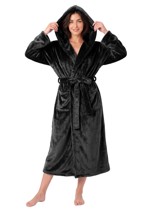 AMITOFO Womens Hooded Flannel Robe, 250GSM Plush Long Robe with Belt and Pockets