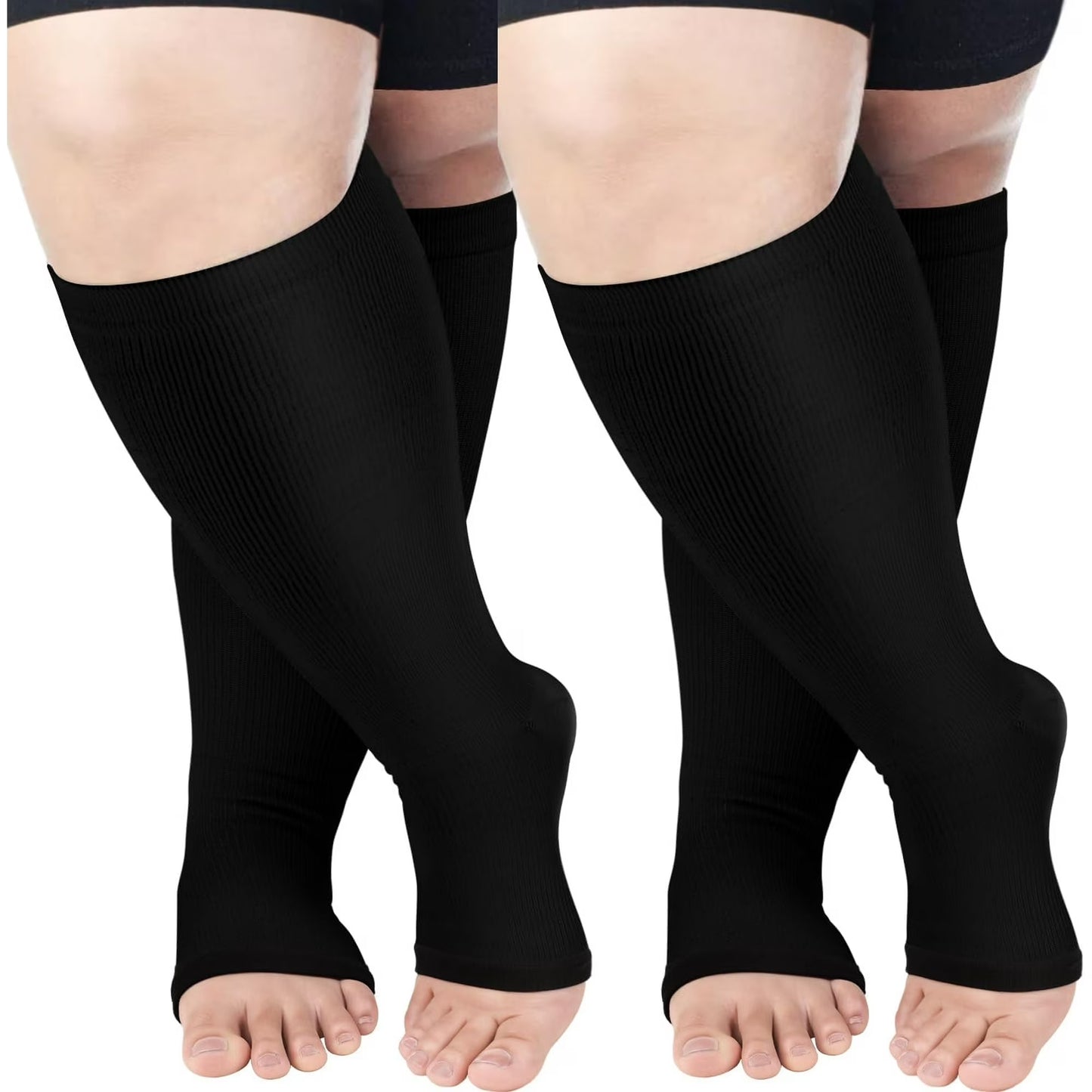 AMITOFO Compression Socks for Women Wide Calf 2 Pairs Plus Size Toeless Compression Socks 20-30mmHg Mens Knee High Support Stockings Open Toe for Medical | Circulation | Nurse | Running