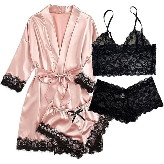 Sexy Lingerie, AMITOFO Silk Satin Lingerie Sets for Women of 4 Pcs with Floral Lace Top Shorts and Robe, Valentines Day Gift for Women, Pink