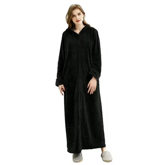  Long Hooded Robes for Women Soft Warm Fleece Zipper Bathrobe with Pockets and Jacquard Pattern