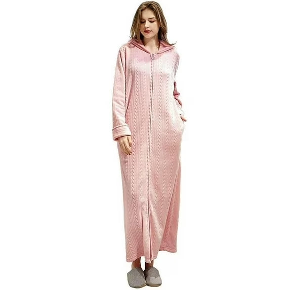 &nbsp;Long Hooded Robes for Women Soft Warm Fleece Zipper Bathrobe with Pockets and Jacquard Pattern