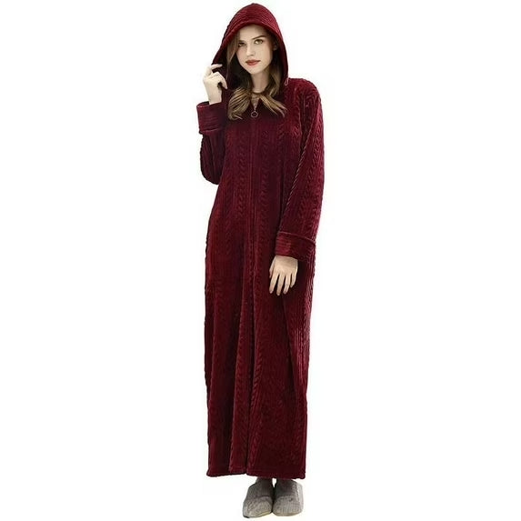 &nbsp;Long Hooded Robes for Women Soft Warm Fleece Zipper Bathrobe with Pockets and Jacquard Pattern