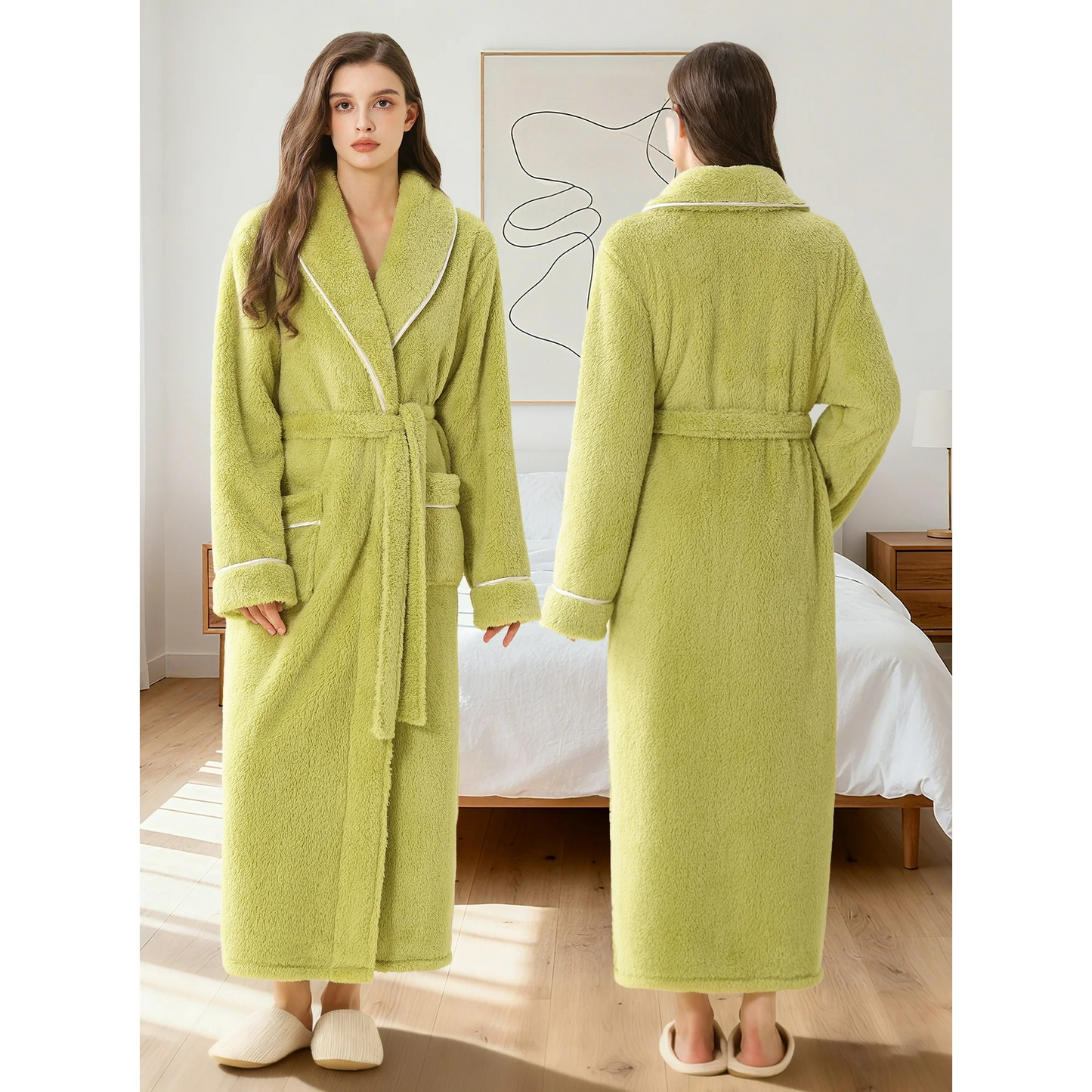Women’s Thick Long Robe with Contrast Piping V-Neck – Soft Warm Winter Housecoat with Waist Belt and Side Pockets