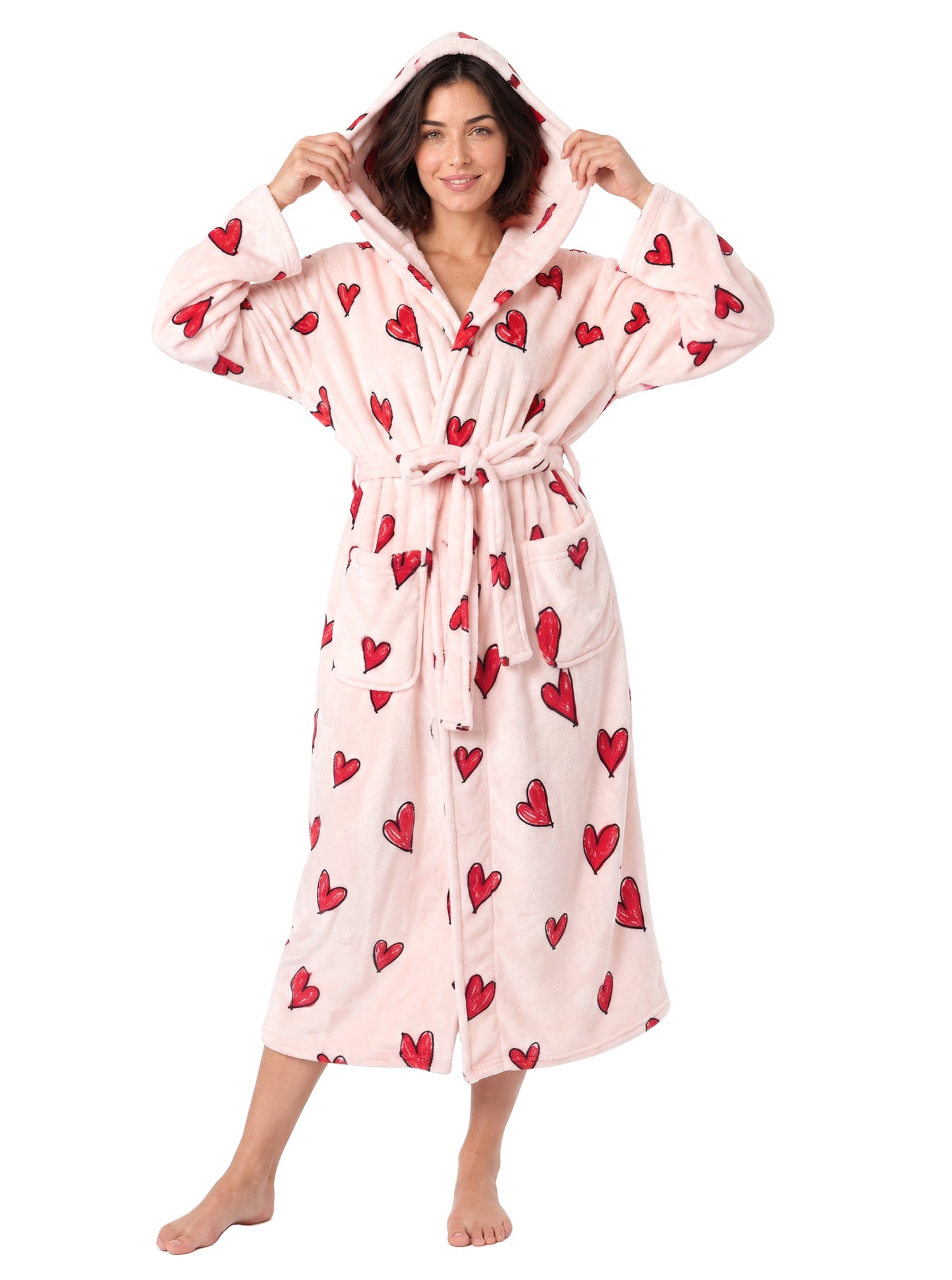 AMITOFO Womens Hooded Flannel Robe, 250GSM Plush Long Robe with Belt and Pockets