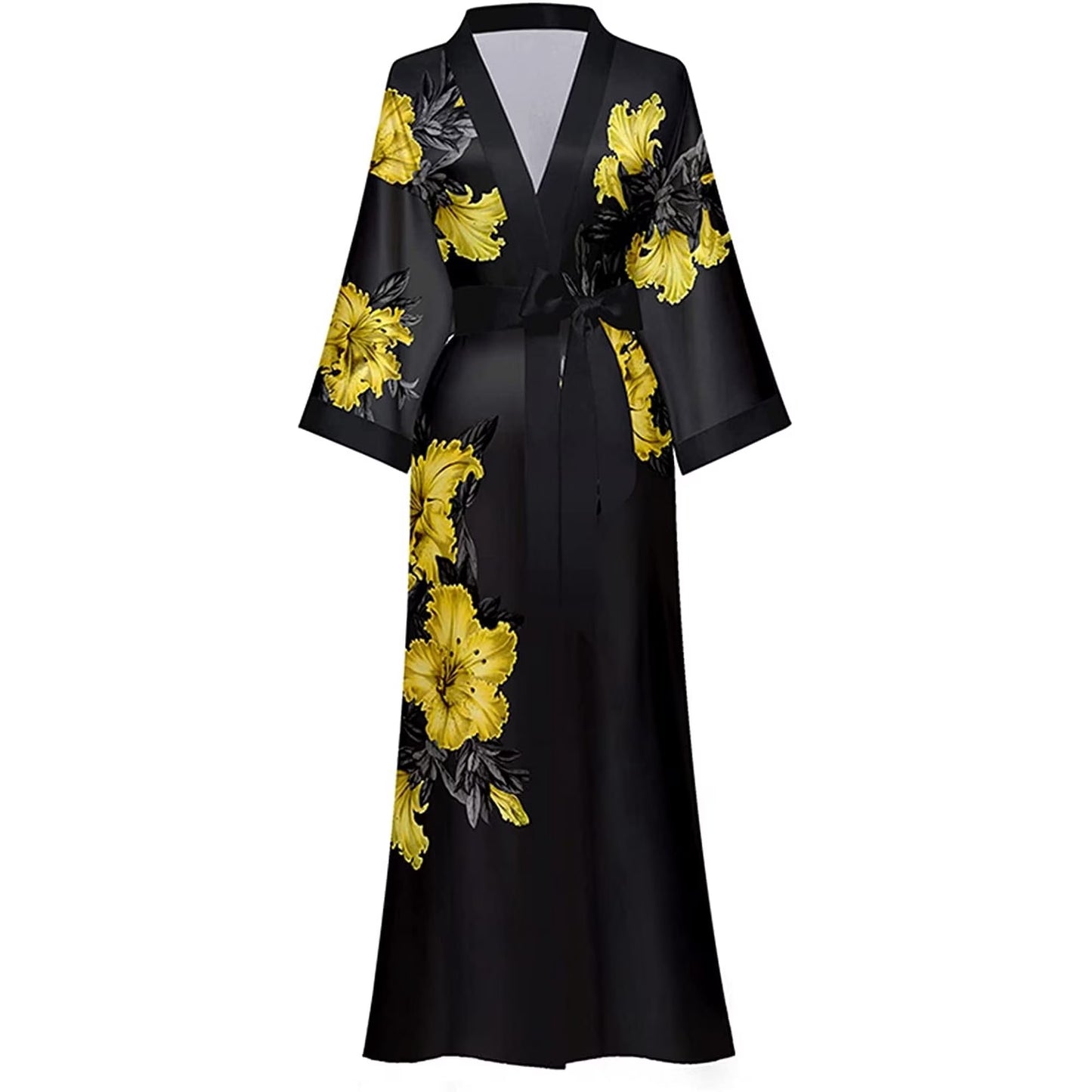 AMITOFO Long Silk Kimono Robes for Women Lightweight Silky Satin Floral Bathrobe Soft Cozy Ladies Housecoat Loungewear