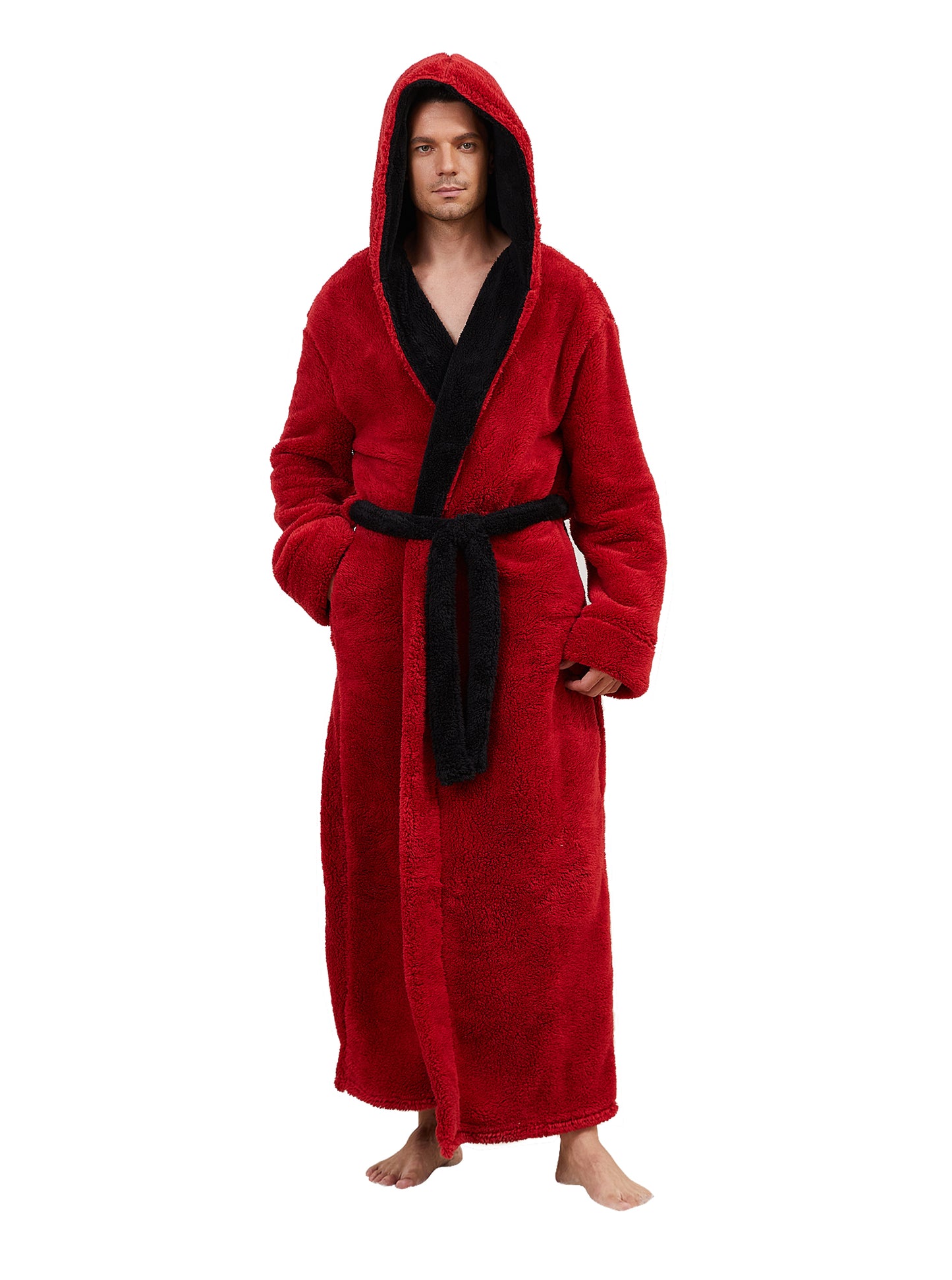 AMITOFO Long Robes for Men with Hood & Pockets，Soft Plush Full Length Hooded Bathrobe Winter Warm Fleece Sleepwear Shawl Collar Housecoat