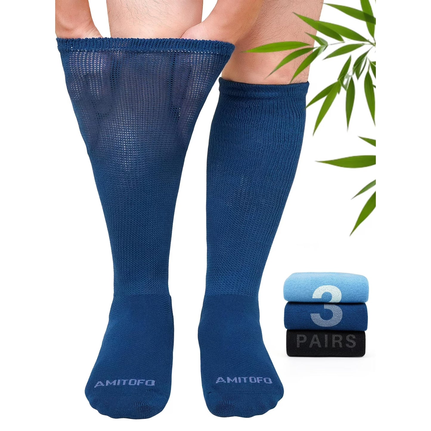 AMITOFO 3 Pairs Bamboo Viscose Diabetic Socks for Men & Women – Extra Wide Loose Top Knee High Socks for Swollen Feet, Edema Relief, Black or Multicolor，Wide Calves – M/L